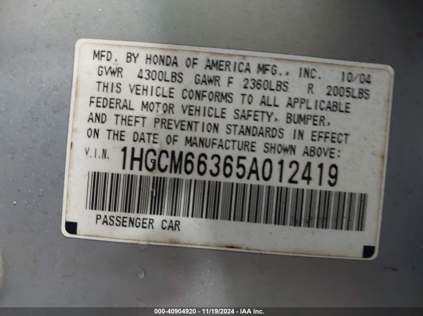 2005 Honda Accord 3.0 Lx VIN: 1HGCM66365A012419 Lot: 40904920