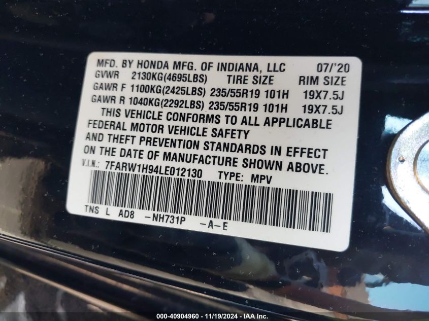 2020 Honda Cr-V 2Wd Touring VIN: 7FARW1H94LE012130 Lot: 40904960