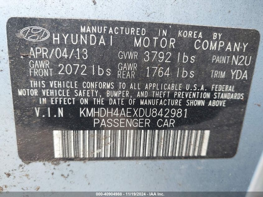 2013 Hyundai Elantra Limited VIN: KMHDH4AEXDU842981 Lot: 40904988