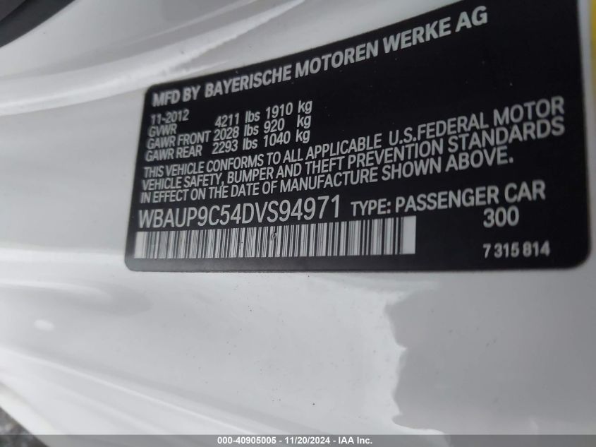 2013 BMW 128I VIN: WBAUP9C54DVS94971 Lot: 40905005