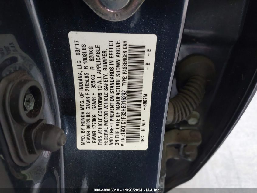 VIN 19XFC1F32HE016292 2017 HONDA CIVIC EX-T