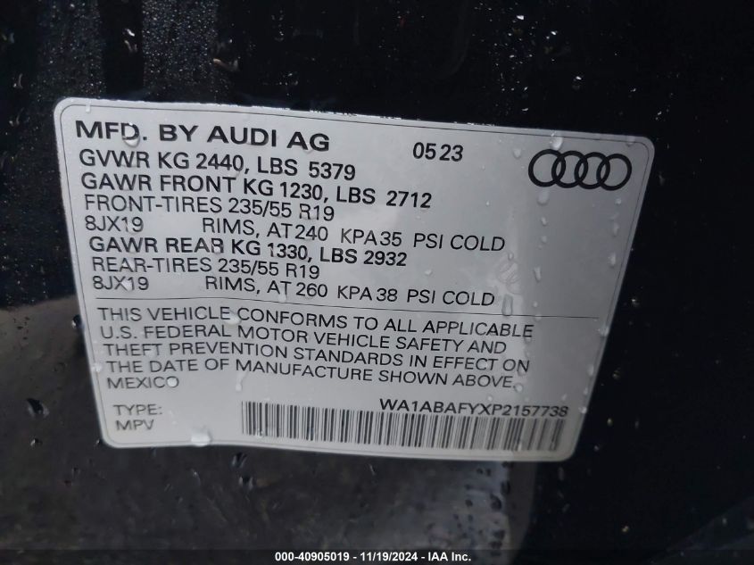 2023 Audi Q5 Premium 40 Tfsi Quattro S Tronic VIN: WA1ABAFYXP2157738 Lot: 40905019