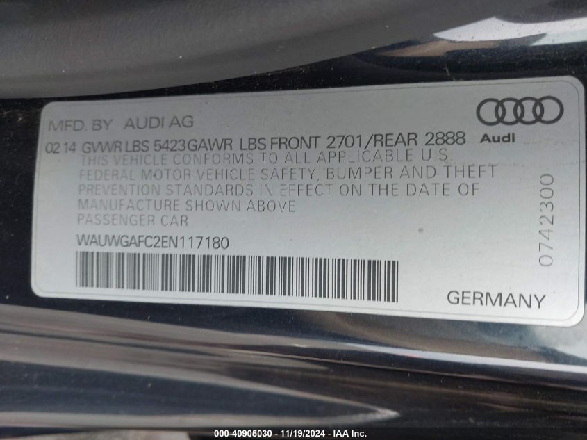 2014 Audi A7 3.0T Premium Plus VIN: WAUWGAFC2EN117180 Lot: 40905030