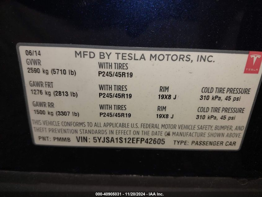 2014 Tesla Model S VIN: 5YJSA1S12EFP42605 Lot: 40905031