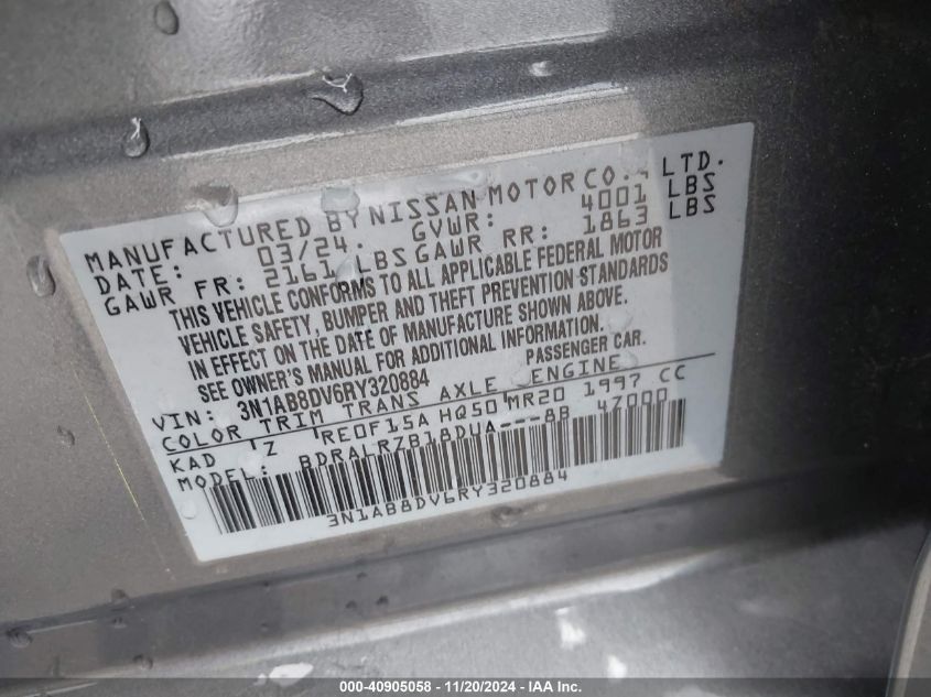 2024 Nissan Sentra Sr Xtronic Cvt VIN: 3N1AB8DV6RY320884 Lot: 40905058