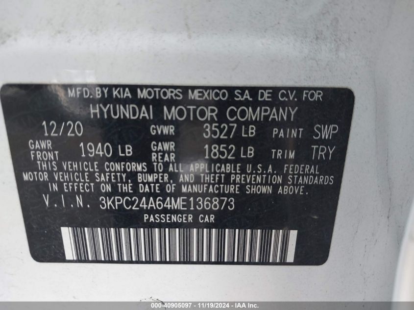 2021 Hyundai Accent Sel VIN: 3KPC24A64ME136873 Lot: 40905097