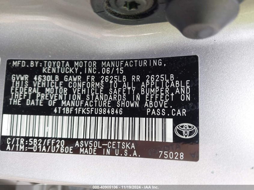 VIN 4T1BF1FK5FU984846 2015 Toyota Camry, SE no.9