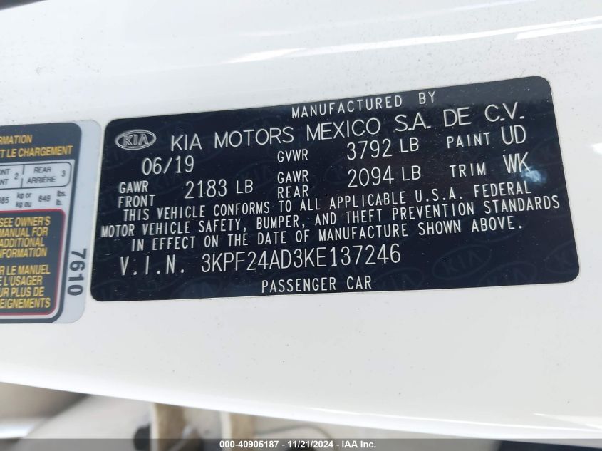 2019 Kia Forte Lxs VIN: 3KPF24AD3KE137246 Lot: 40905187