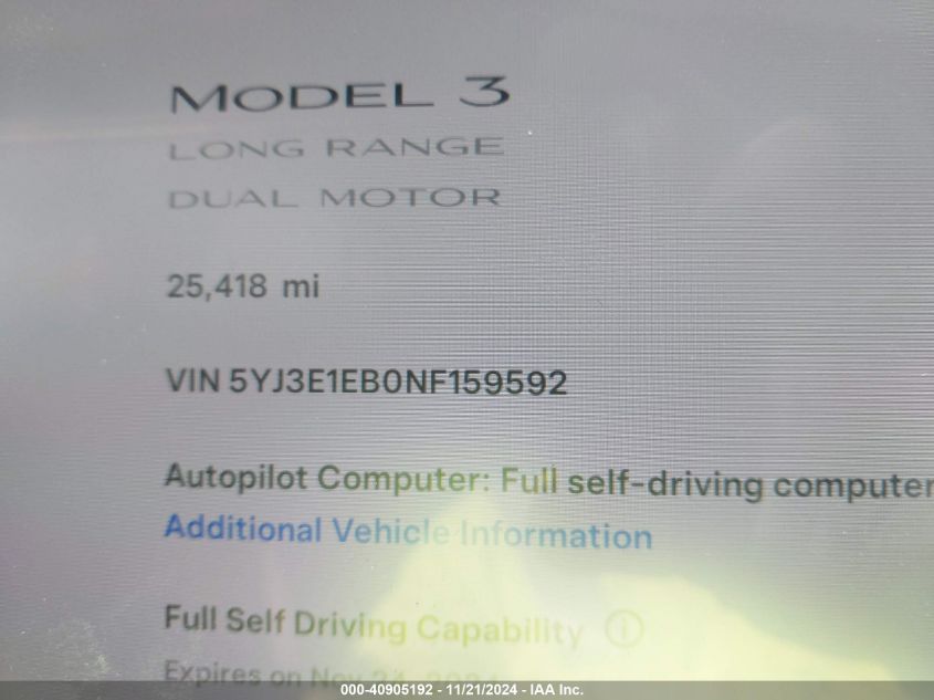 2022 Tesla Model 3 Long Range Dual Motor All-Wheel Drive VIN: 5YJ3E1EB0NF159592 Lot: 40905192