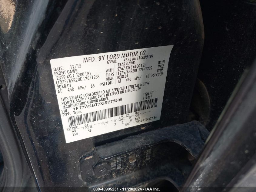 VIN 1FT7W2BTXGEB75899 2016 Ford F-250, Lariat no.9