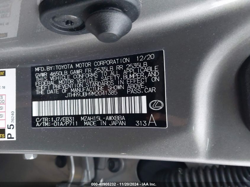 VIN JTHR9JBH9M2041385 2021 Lexus UX 250H, F Sport no.9