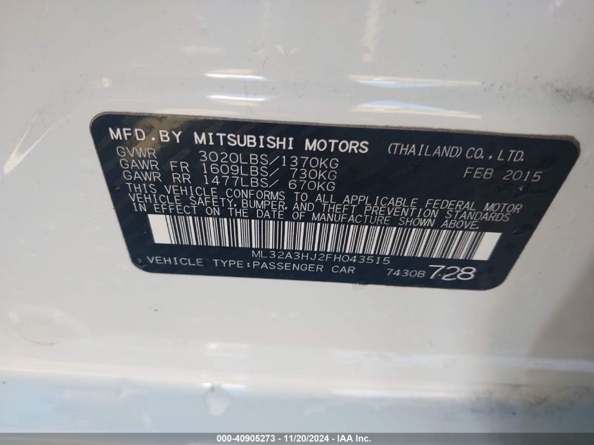 2015 Mitsubishi Mirage De/Rf VIN: ML32A3HJ2FH043515 Lot: 40905273