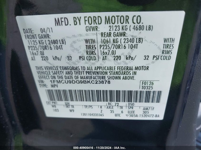 2011 Ford Escape Xlt VIN: 1FMCU9DG9BKC23878 Lot: 40905416