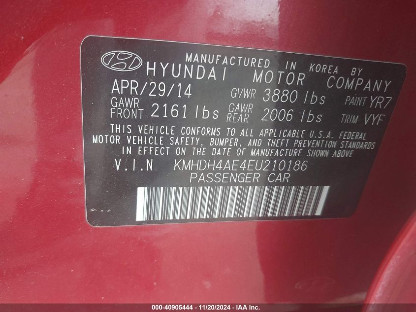 2014 Hyundai Elantra Se VIN: KMHDH4AE4EU210186 Lot: 40905444