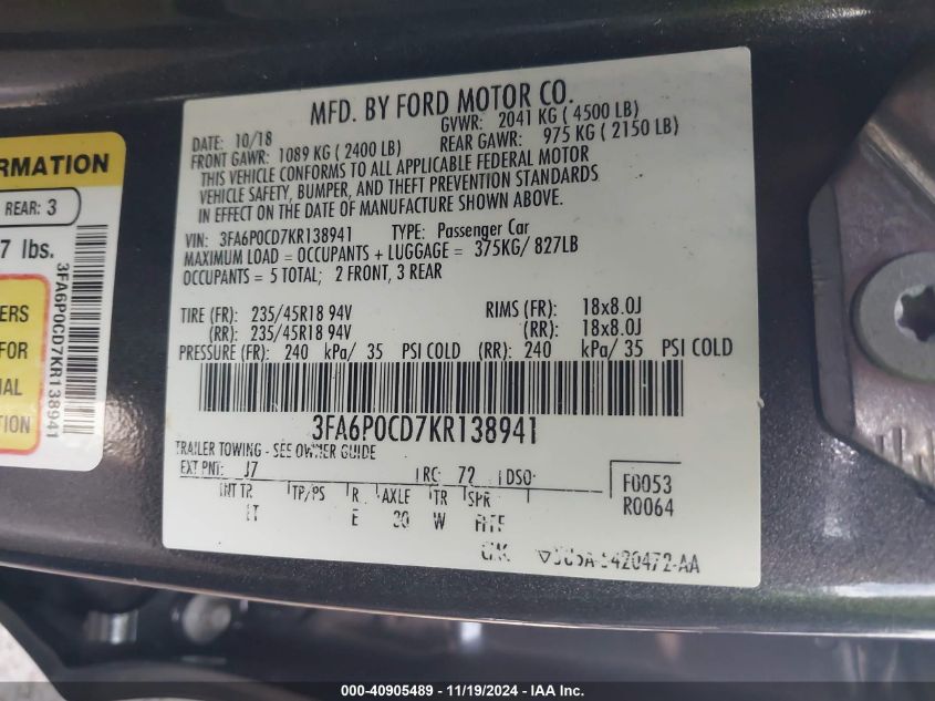 2019 FORD FUSION SEL - 3FA6P0CD7KR138941