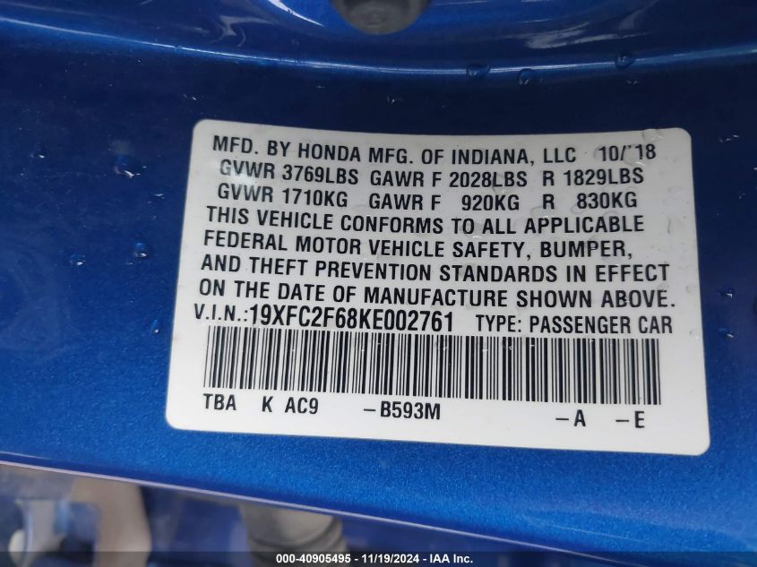 2019 Honda Civic Lx VIN: 19XFC2F68KE002761 Lot: 40905495