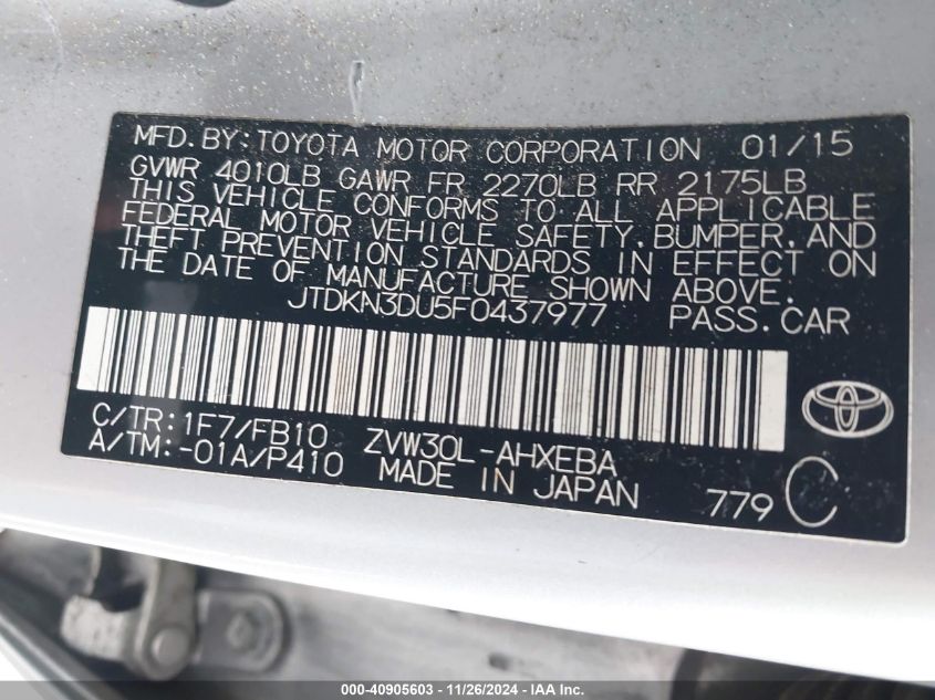 VIN JTDKN3DU5F0437977 2015 Toyota Prius, Two no.9