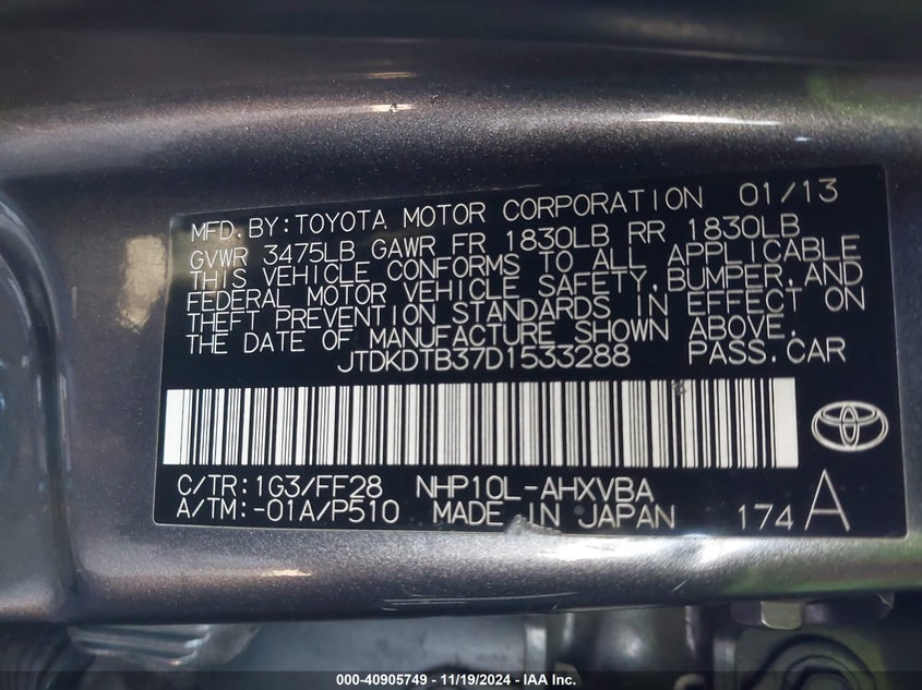 2013 TOYOTA PRIUS C VIN: JTDKDTB37D1533288