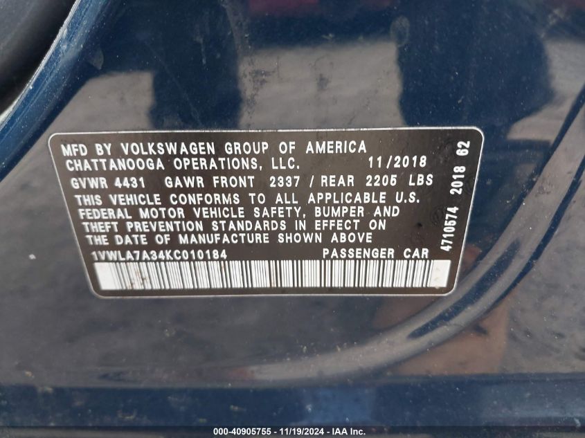 2019 VOLKSWAGEN PASSAT VIN: 1VWLA7A34KC010184