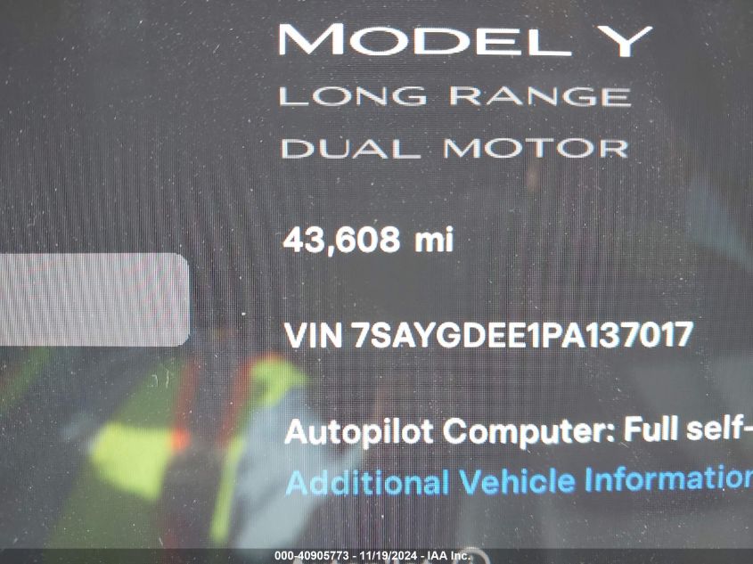 2023 Tesla Model Y Awd/Long Range Dual Motor All-Wheel Drive VIN: 7SAYGDEE1PA137017 Lot: 40905773