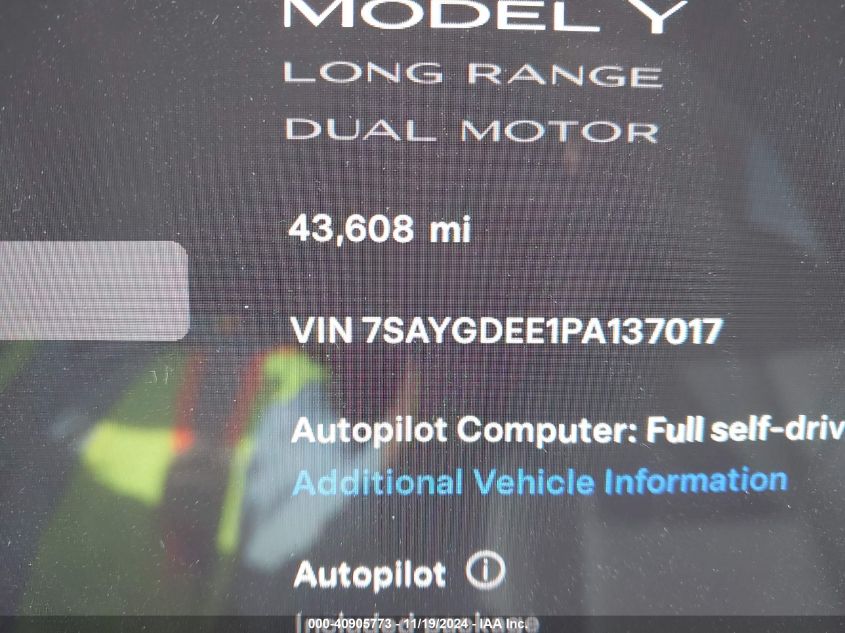 2023 Tesla Model Y Awd/Long Range Dual Motor All-Wheel Drive VIN: 7SAYGDEE1PA137017 Lot: 40905773