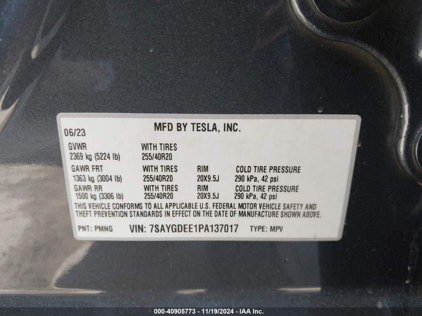 2023 Tesla Model Y Awd/Long Range Dual Motor All-Wheel Drive VIN: 7SAYGDEE1PA137017 Lot: 40905773