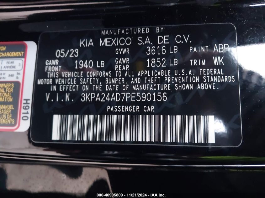 2023 Kia Rio S VIN: 3KPA24AD7PE590156 Lot: 40905809