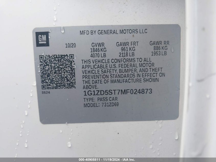 VIN 1G1ZD5ST7MF024873 2021 CHEVROLET MALIBU FWD LT