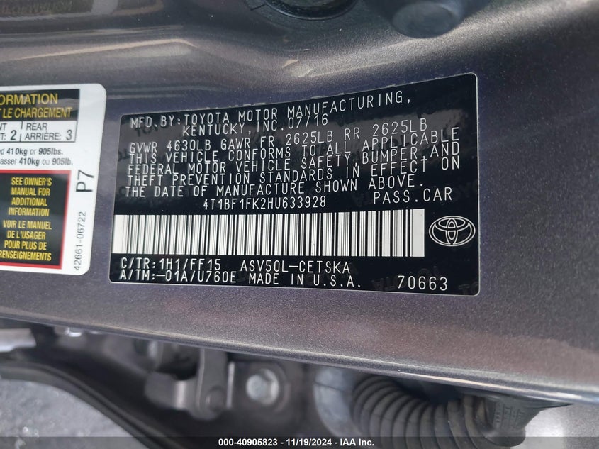 VIN 4T1BF1FK2HU633928 2017 TOYOTA CAMRY LE/XLE/SE/XSE