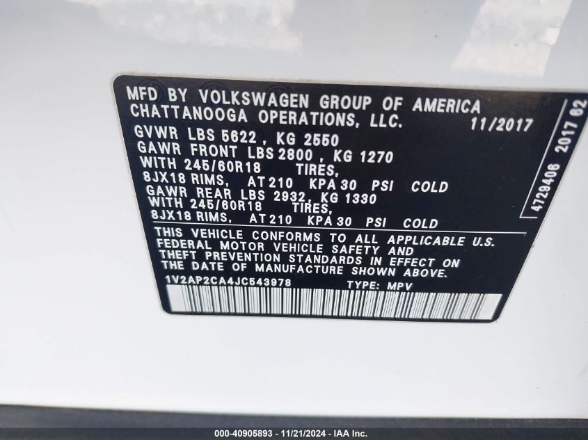 VIN 1V2AP2CA4JC543978 2018 Volkswagen Atlas, 2.0T S no.9