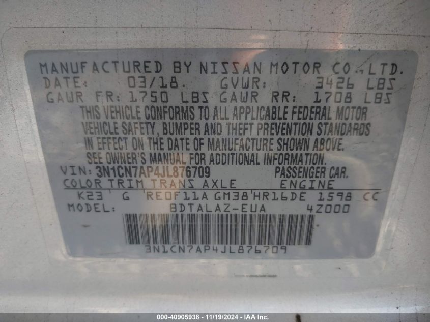 2018 NISSAN VERSA VIN: 3N1CN7AP4JL876709