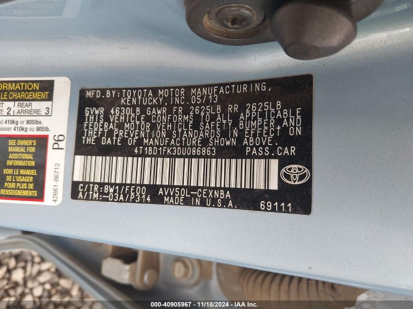 2013 TOYOTA CAMRY HYBRID VIN: 4T1BD1FK3DU086863