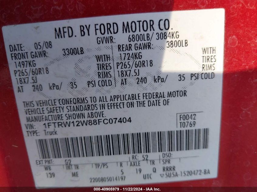 2008 Ford F-150 60Th Anniversary/Fx2/Xl/Xlt VIN: 1FTRW12W88FC07404 Lot: 40905979