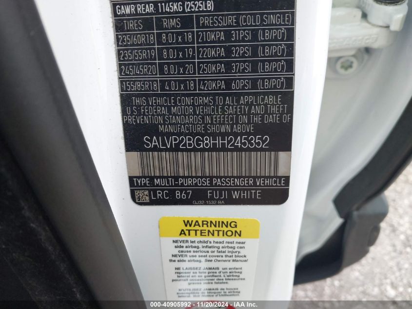 2017 LAND ROVER RANGE ROVER EVOQUE SE/SE PREMIUM - SALVP2BG8HH245352