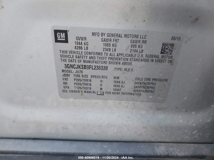 2015 Chevrolet Trax 1Ls VIN: 3GNCJKSB9FL238338 Lot: 40906019