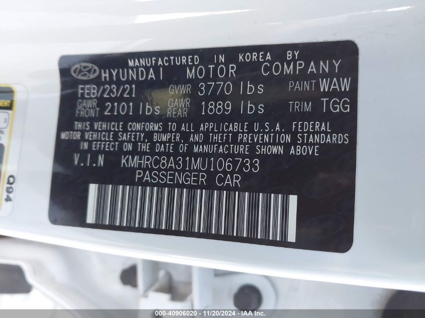 2021 Hyundai Venue Sel VIN: KMHRC8A31MU106733 Lot: 40906020