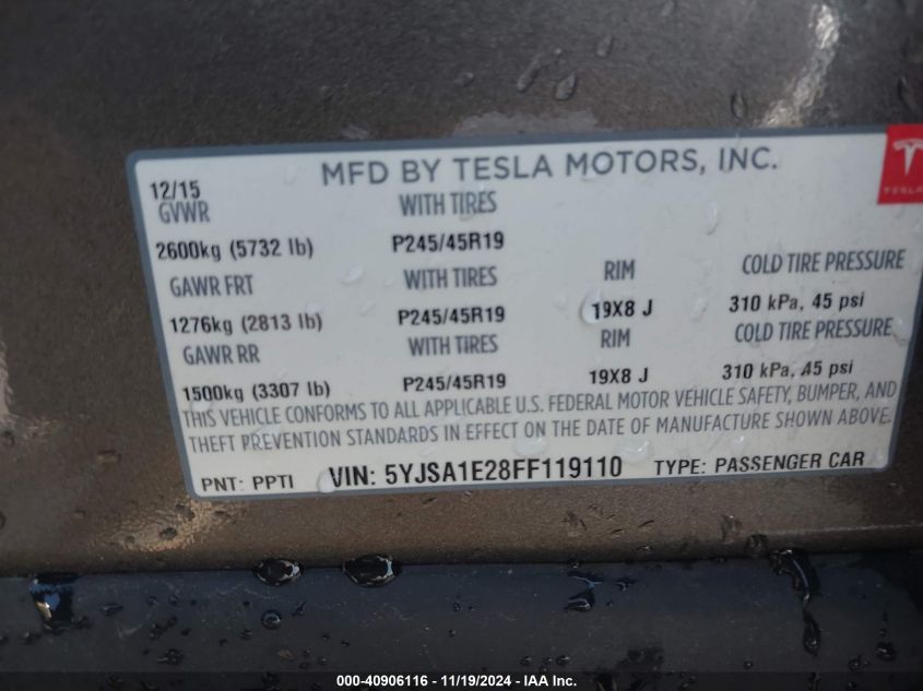 2015 Tesla Model S 70D/85D/P85D VIN: 5YJSA1E28FF119110 Lot: 40906116