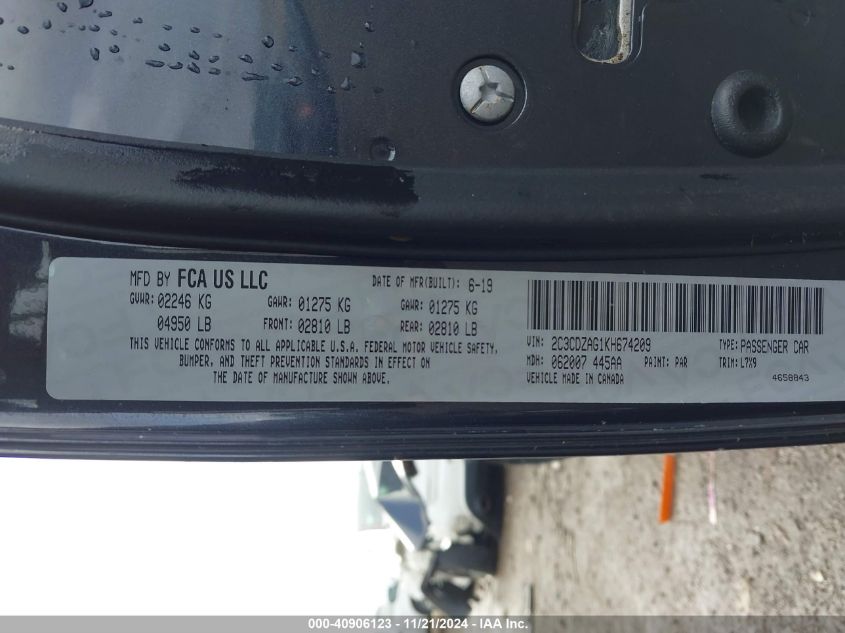VIN 2C3CDZAG1KH674209 2019 DODGE CHALLENGER SXT