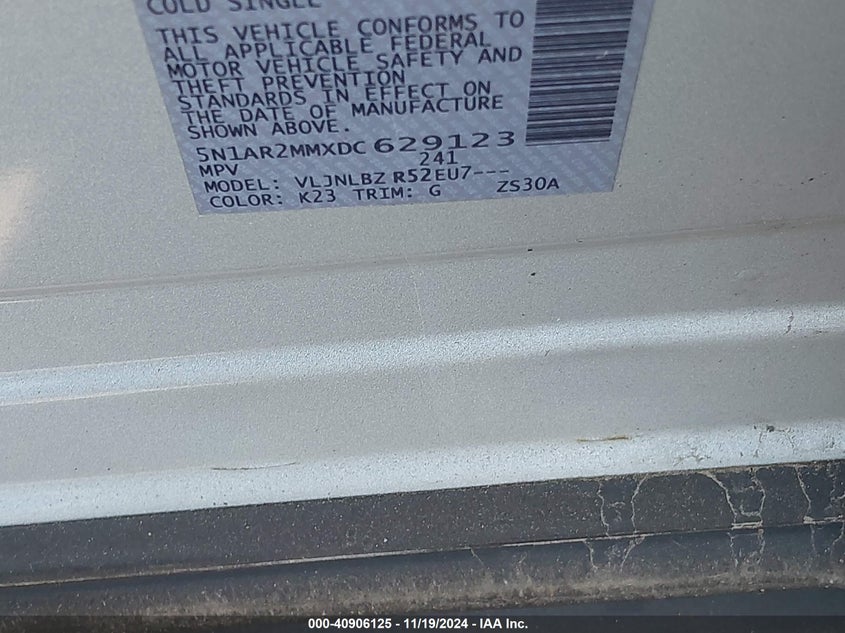 2013 Nissan Pathfinder S VIN: 5N1AR2MMXDC629123 Lot: 40906125