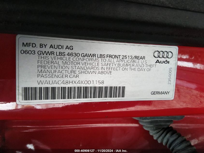 2004 Audi A4 1.8T VIN: WAUAC48HX4K001158 Lot: 40906127