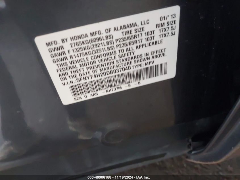 VIN 5FNYF4H20DB037040 2013 HONDA PILOT no.9