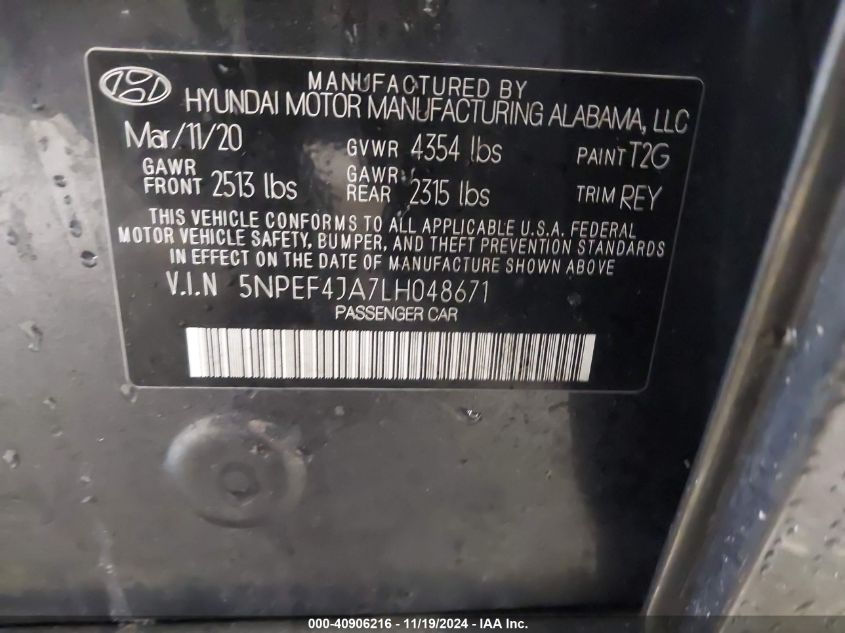 2020 Hyundai Sonata Sel VIN: 5NPEF4JA7LH048671 Lot: 40906216