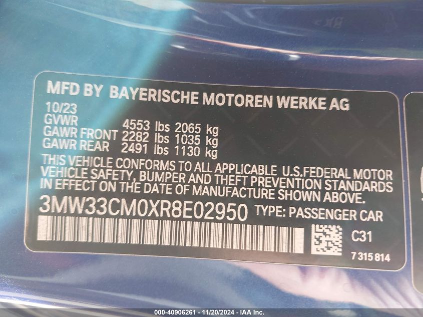 2024 BMW 230Xi I xDrive VIN: 3MW33CM0XR8E02950 Lot: 40906261