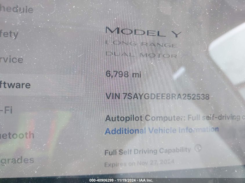 2024 Tesla Model Y Long Range Dual Motor All-Wheel Drive VIN: 7SAYGDEE8RA252538 Lot: 40906299