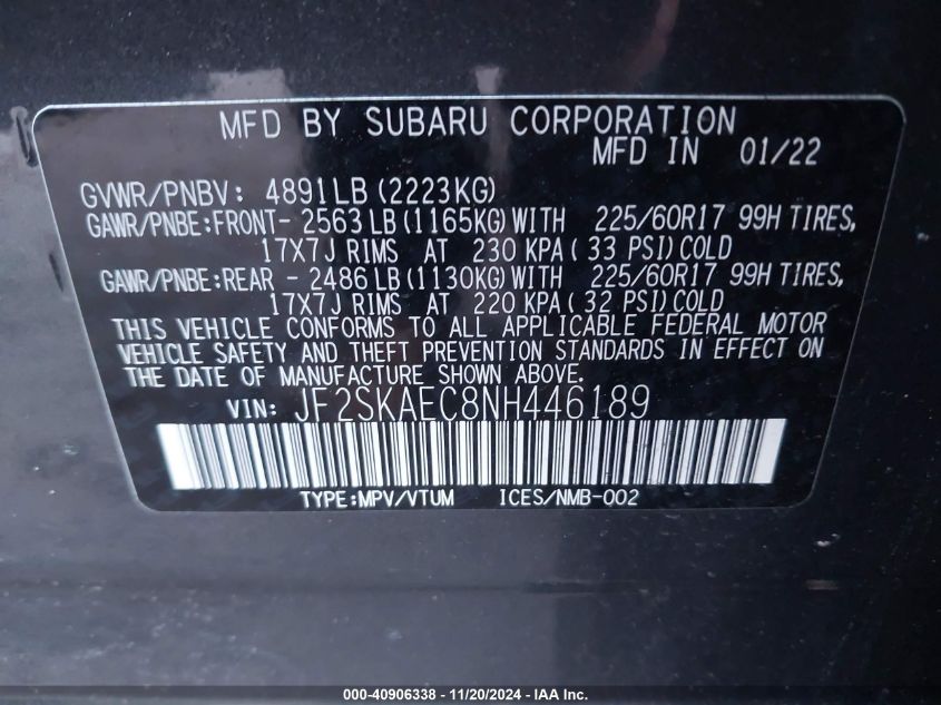 2022 Subaru Forester Premium VIN: JF2SKAEC8NH446189 Lot: 40906338