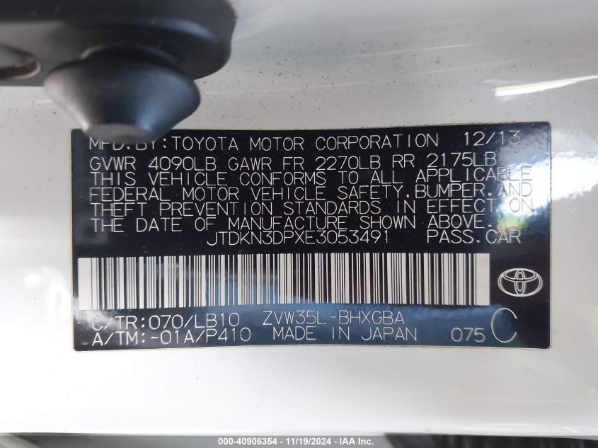 2014 Toyota Prius Plug-In Advanced VIN: JTDKN3DPXE3053491 Lot: 40906354