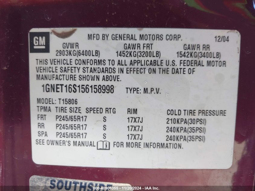 2005 Chevrolet Trailblazer Ext Ls VIN: 1GNET16S156158998 Lot: 40906355