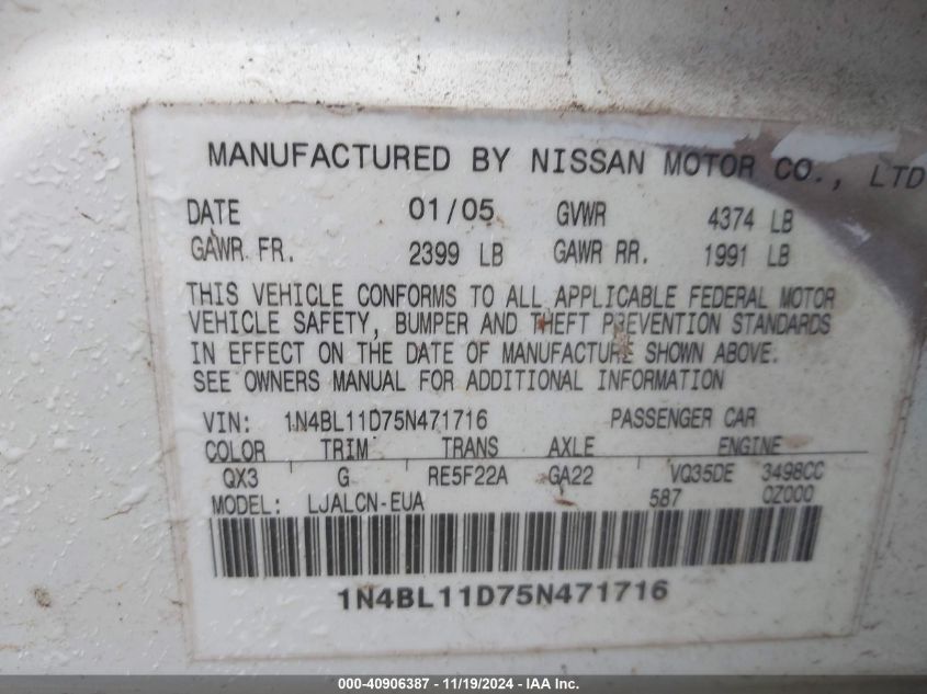 2005 Nissan Altima 3.5 Se VIN: 1N4BL11D75N471716 Lot: 40906387