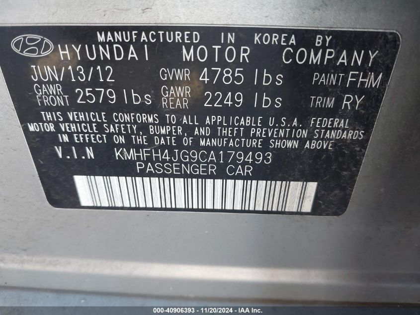 2012 Hyundai Azera VIN: KMHFH4JG9CA179493 Lot: 40906393