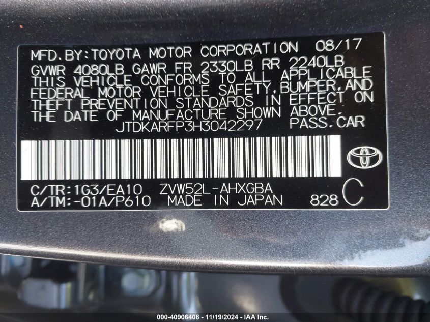 2017 Toyota Prius Prime Premium VIN: JTDKARFP3H3042297 Lot: 40906408